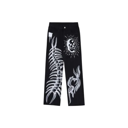 Large Centipede Skull Print Niche Design Jeans