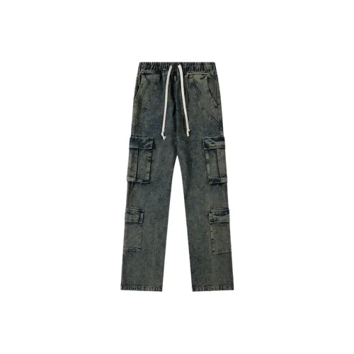 Retro High Street Washed Old Multi Pocket Tooling Jeans