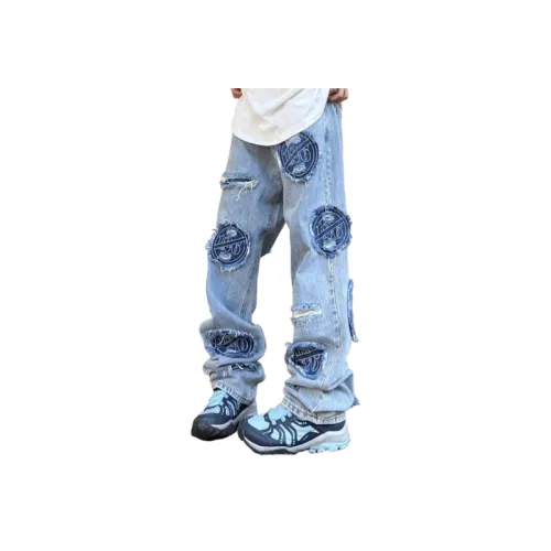 Retro Washed Ripped Jeans Embroidered Tape Street Vibe