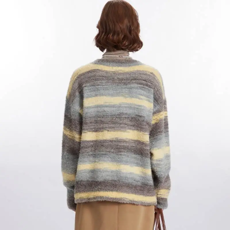 Contrast Color Striped Polyester Sweater Women-3