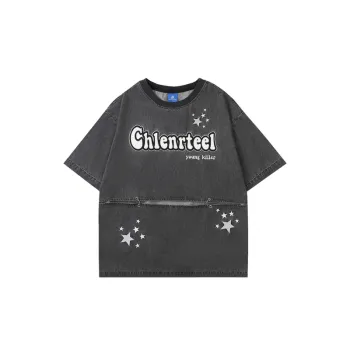 Letter Denim Short Sleeved T Shirt