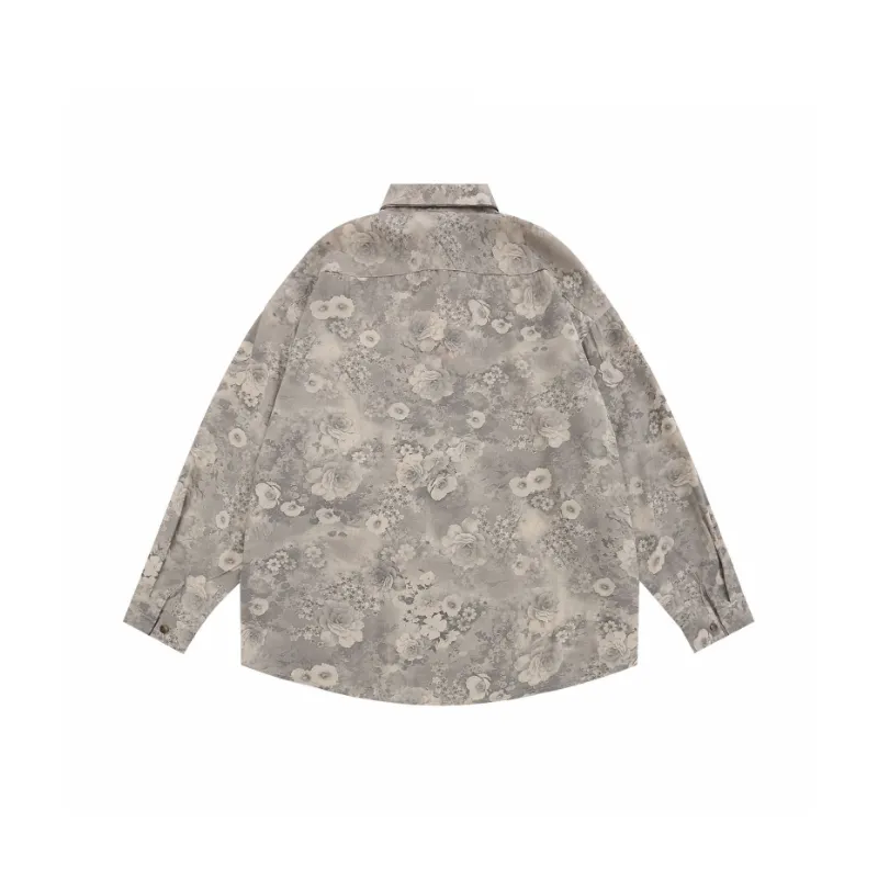 Loose Retro Floral Full Print Long Sleeve Shirt-5
