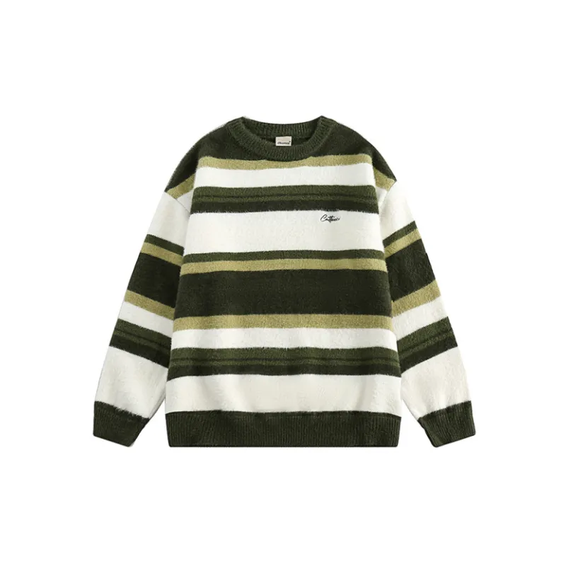 Fashion Simple Striped Crewneck Knitted Neutral Sweater-4