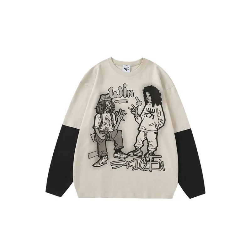 Retro Cartoon Printing Niche Design Contrast Color Stitching Fake Two piece Long sleeved Crewneck T shirt-2