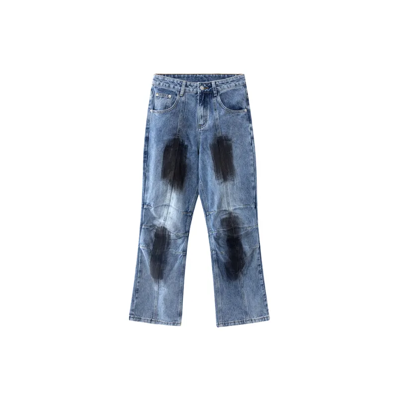 Trendy Contrast Color Pleated Washed Old Denim Straight Trousers-2