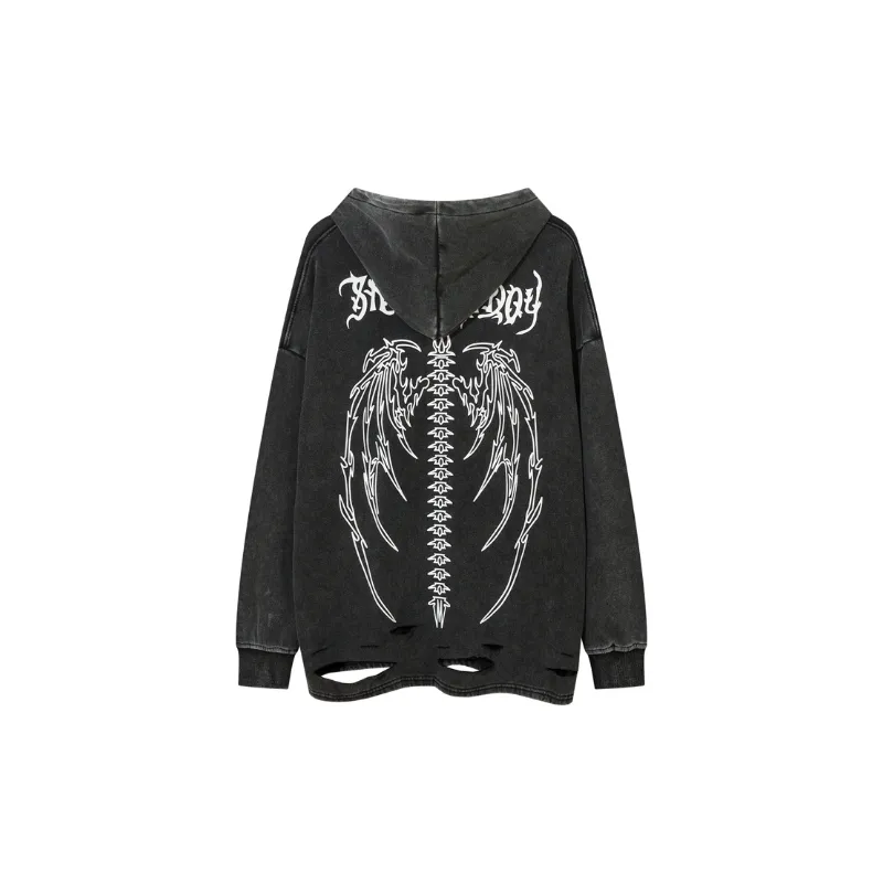Aged Washed Hragened Skull Print Design Velvet Hoodie-3