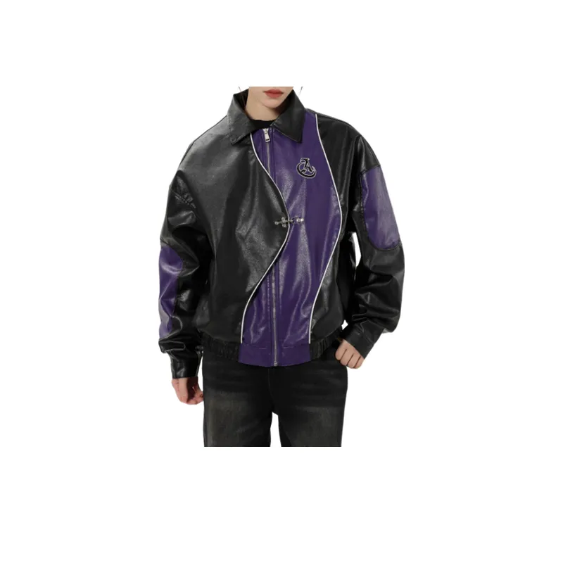 New Tide Personality Loose Stitching PU Leather Jacket-5