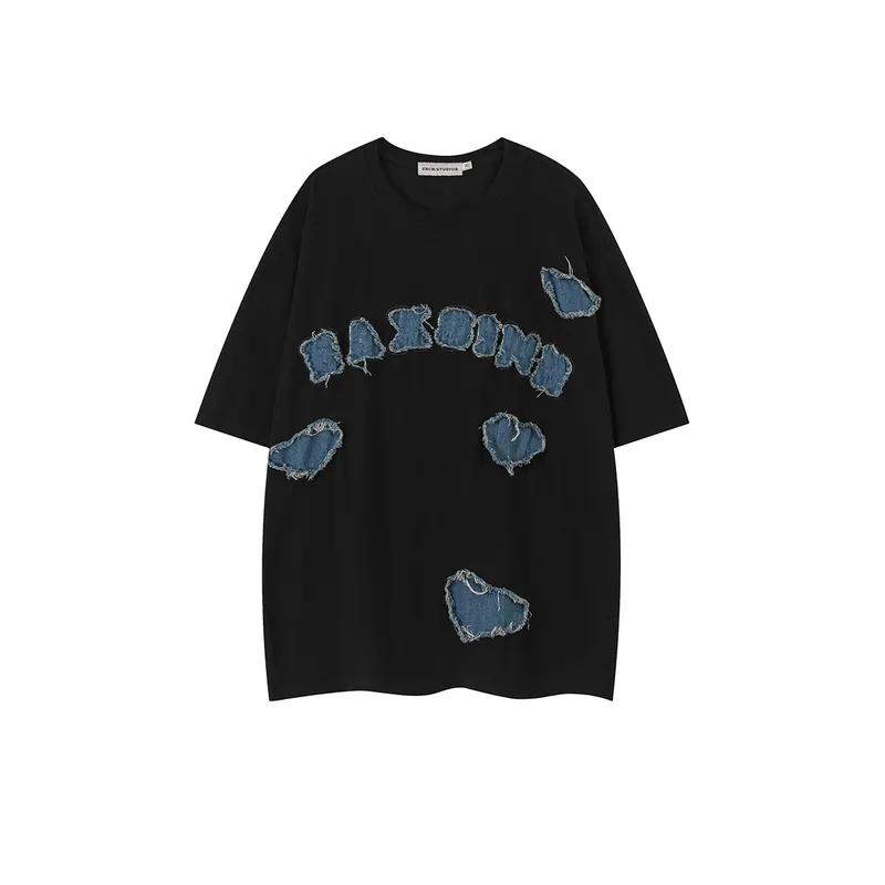 Hip Hop Denim Washed Patch T Shirt-0