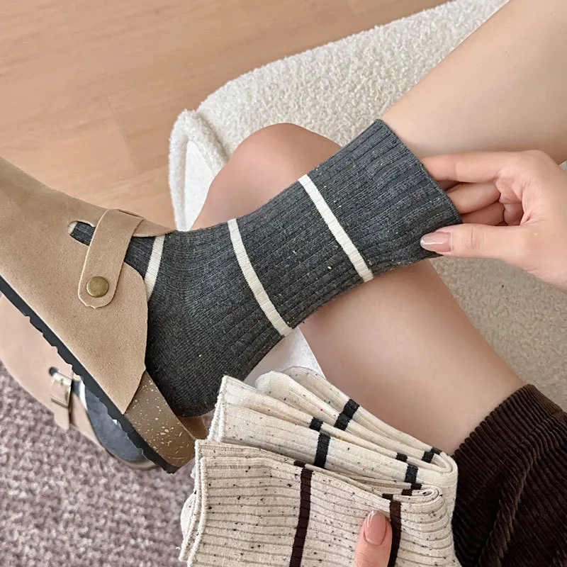 Retro Contrast Color Cotton Mid Calf Sock-6
