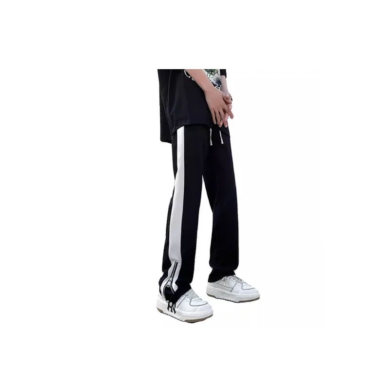 Contrast Color Stitching Zipper Casual Pants-0