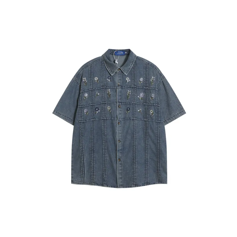 Washed Retro Floral Denim Shirt-0