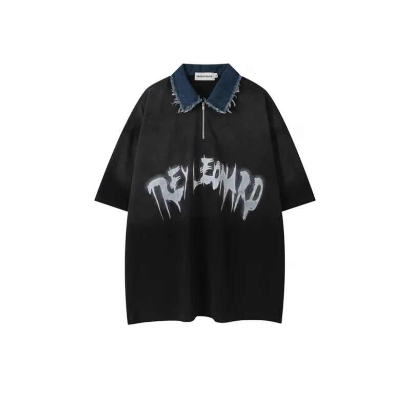 Retro Wash Printed Lapel T shirt-2