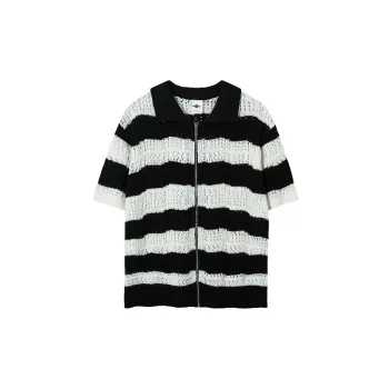 Hollow Out Striped Cotton Blended Fabric T Shirt