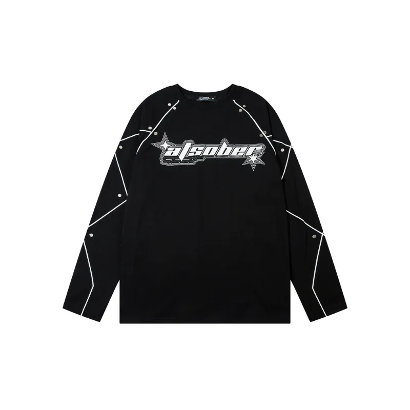 Metal Rivet Decorative Color matching Raglan Sleeve Long sleeve T shirt-2