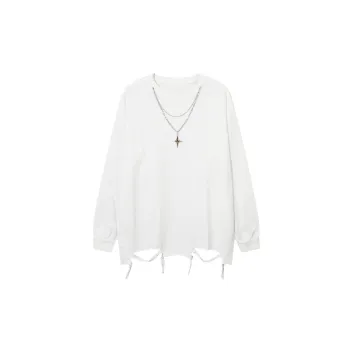 Original Small Batch Creative Rips and Washed Necklace Pullover Versatile Style Hoodie