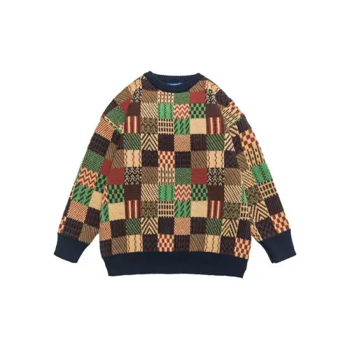 Contrast Color Stitching Plaid Crew Neck Retro Loose Warm Knitted Sweater
