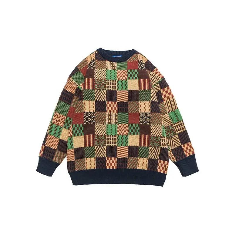 Contrast Color Stitching Plaid Crew Neck Retro Loose Warm Knitted Sweater-0