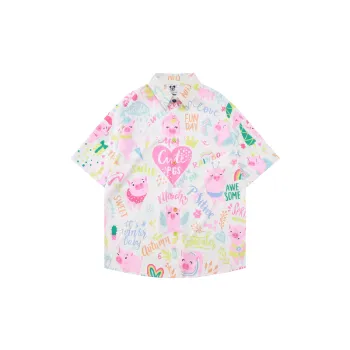 Full Print Cute Pink Pig Girl Loose Short Sleeved Shirt