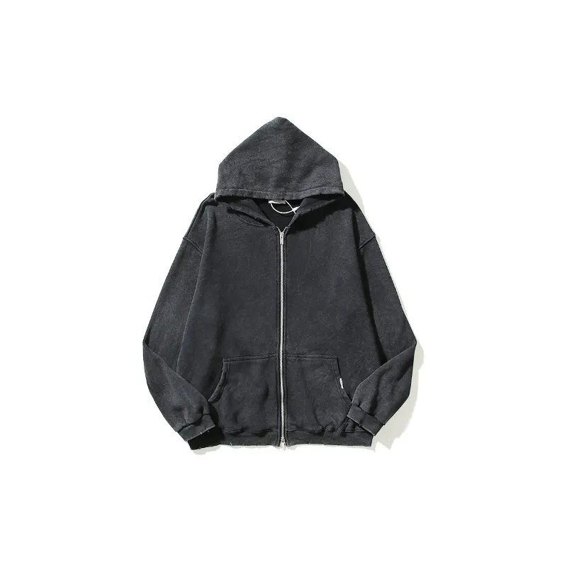 High Street Vintage Washed Old Cut Ratched Zipper Hooded Sweatshirt Terry Jacket