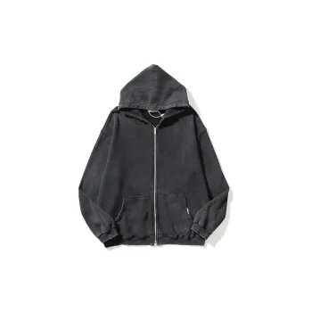High Street Vintage Washed Old Cut Ratched Zipper Hooded Sweatshirt Terry Jacket
