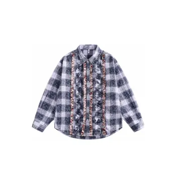 Retro Lace Stitching Plaid Contrast Color Loose Ear Edge Trendy Shirt