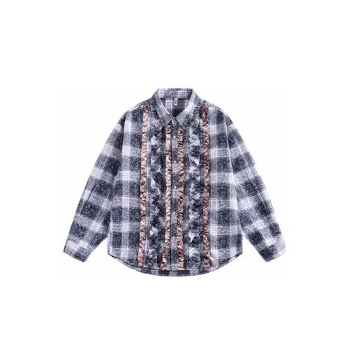 Retro Lace Stitching Plaid Contrast Color Loose Ear Edge Trendy Shirt