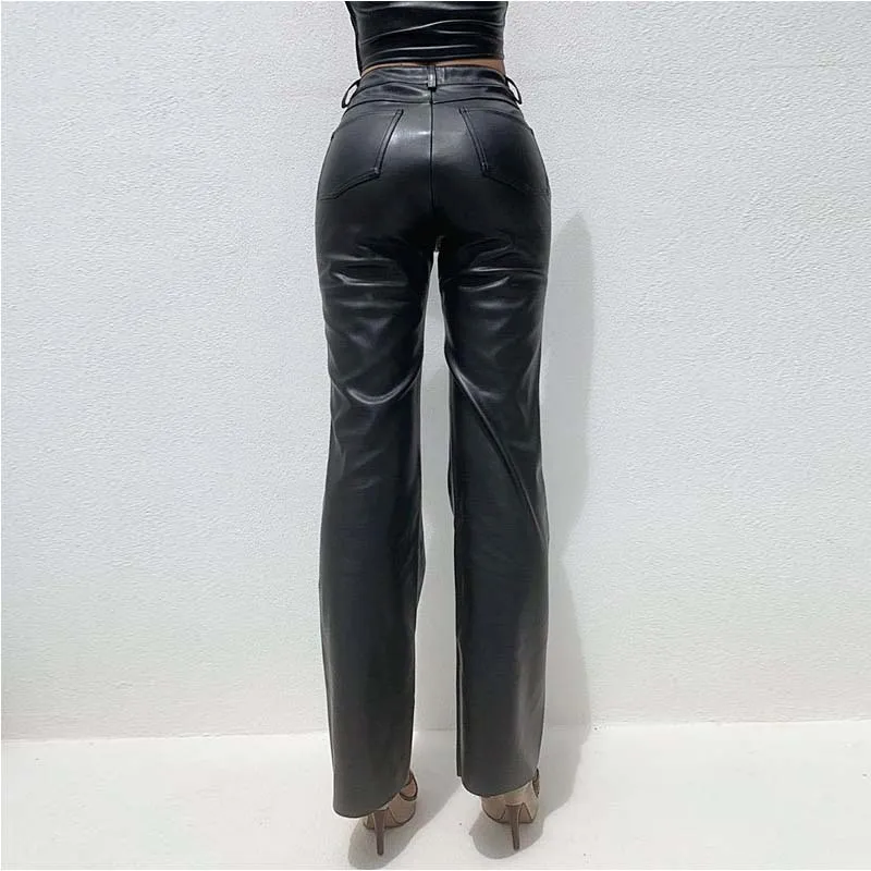 Casual Simple  PU Leather Pants Women-3