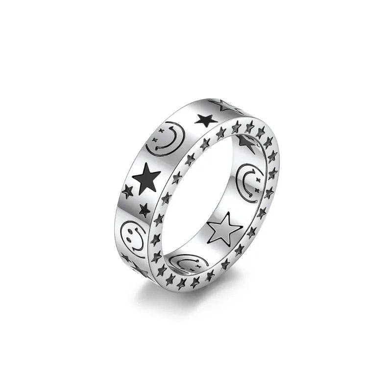 Ins Trendy Brand Fan Xingxing Smiley Titanium Steel Ring Trendy People Neutral Wear Star Moon Couple Ring Bracelet