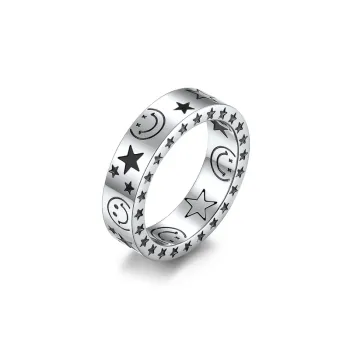 Ins Trendy Brand Fan Xingxing Smiley Titanium Steel Ring Trendy People Neutral Wear Star Moon Couple Ring Bracelet