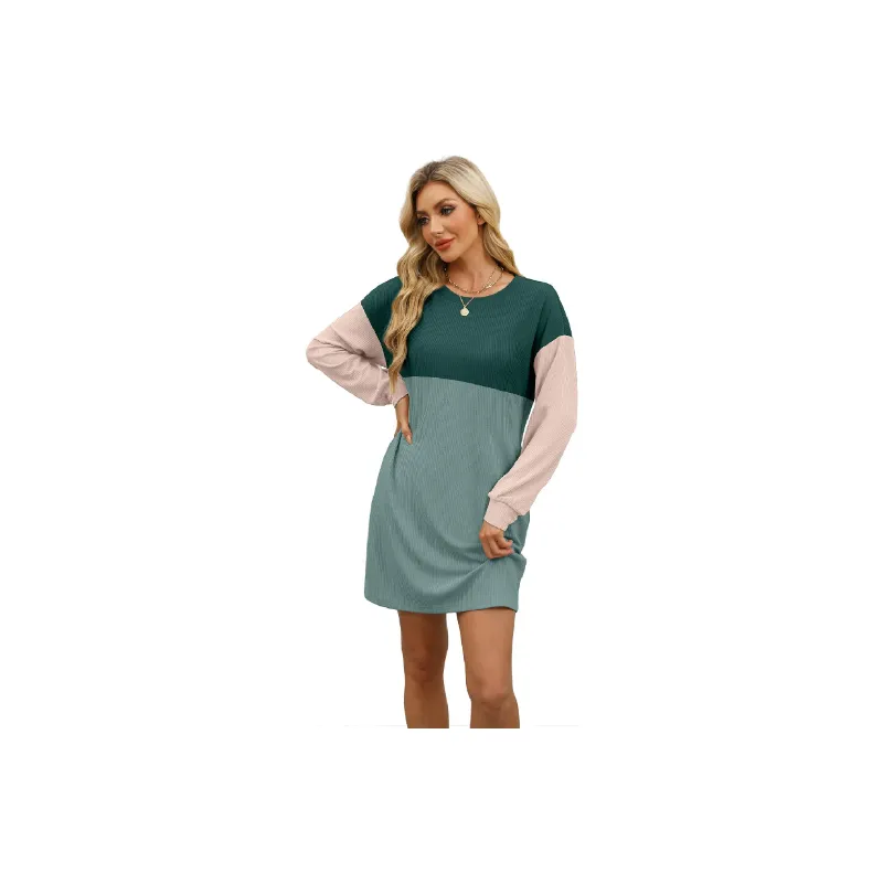 Contrast Color Loose Polyester Dress Women-2