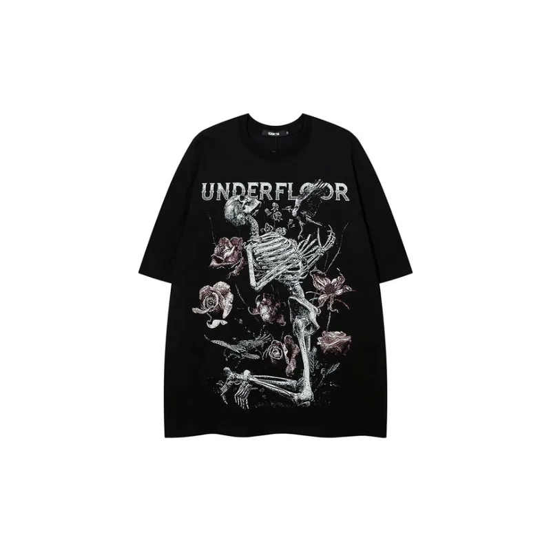 Hip Hop Skull Plant Print Trendy T Shirt-4