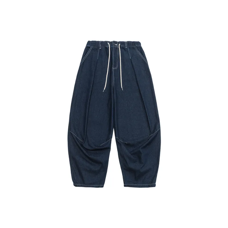 Solid Color Washed Casual Drawstring Jeans-1
