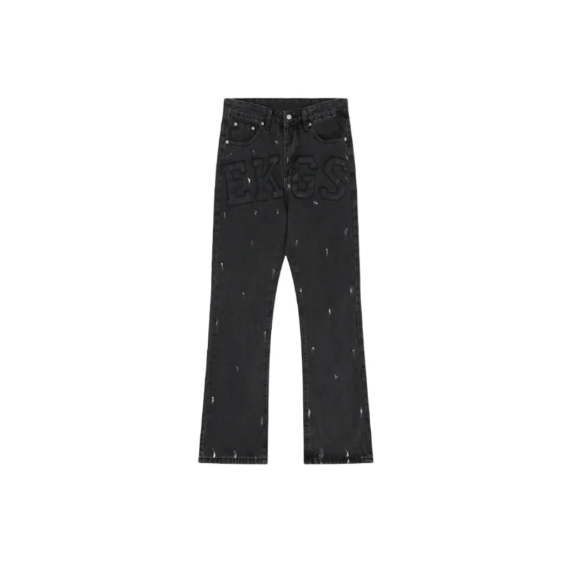 Retro Loose Leather Splashed Ink Jeans