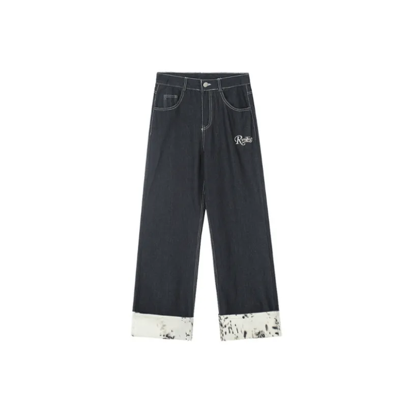 Contrast Color Stitching Cuffed Denim Straight Trousers