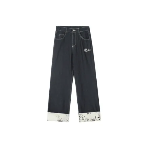 Contrast Color Stitching Cuffed Denim Straight Trousers