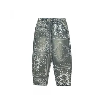 Retro Ruffian Old Washed Cashew Flower Gear Loose Profile Jeans