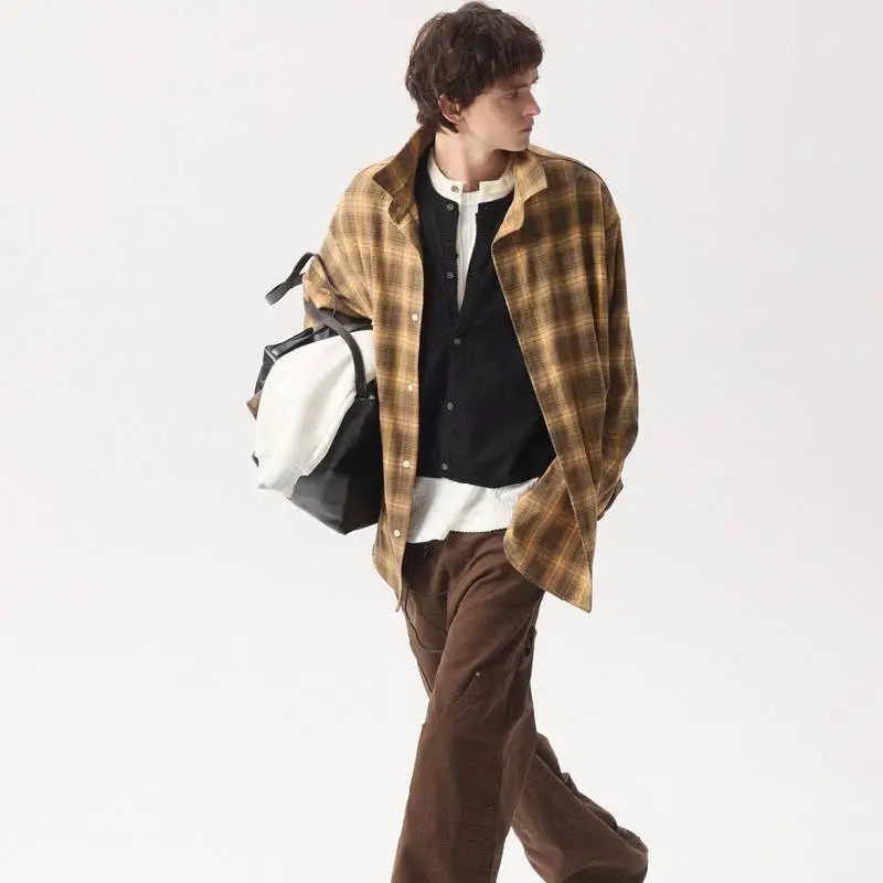 Retro Long Sleeve Plaid Blended Synthetic Fabrics Shirt-7