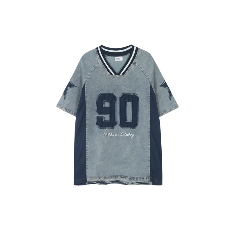 Retro Stitching Patch Denim T Shirt