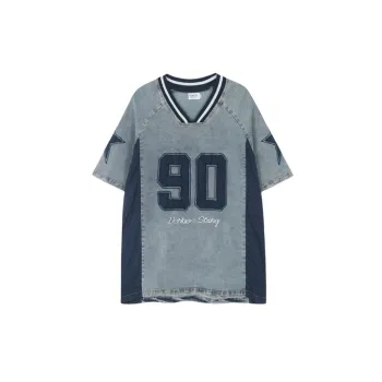 Retro Stitching Patch Denim T Shirt