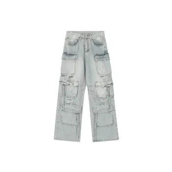 Functional Multi Pocket Punk Ripped Niche Loose Straight Wide Leg Pants