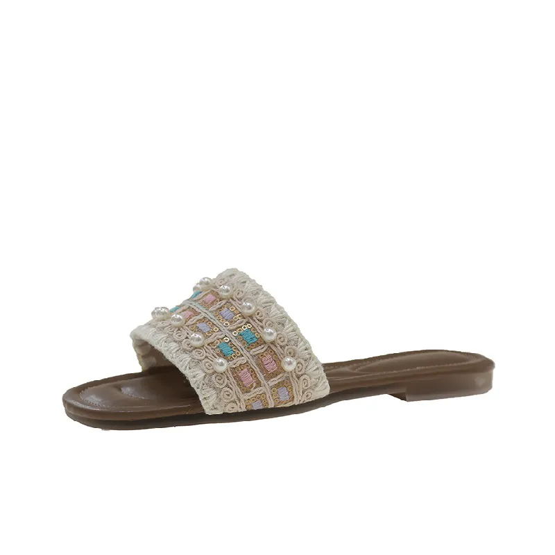 Contrast Color Pearls Beach Sandals-3