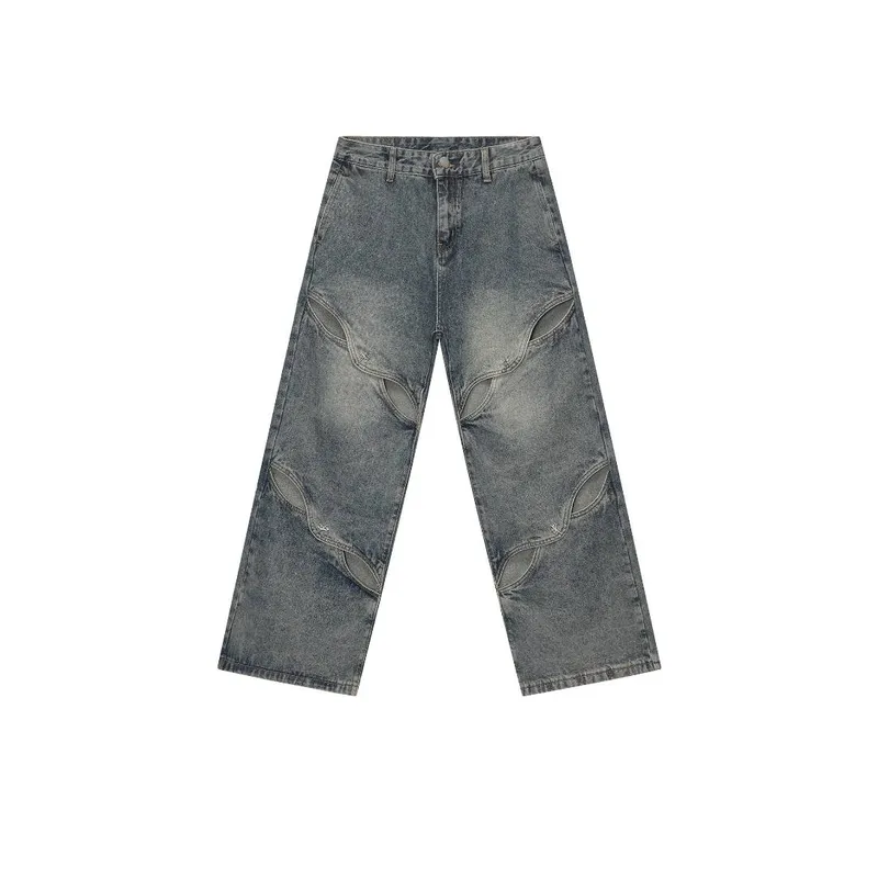 Retro Irregular Split Straight Leg Jeans-0