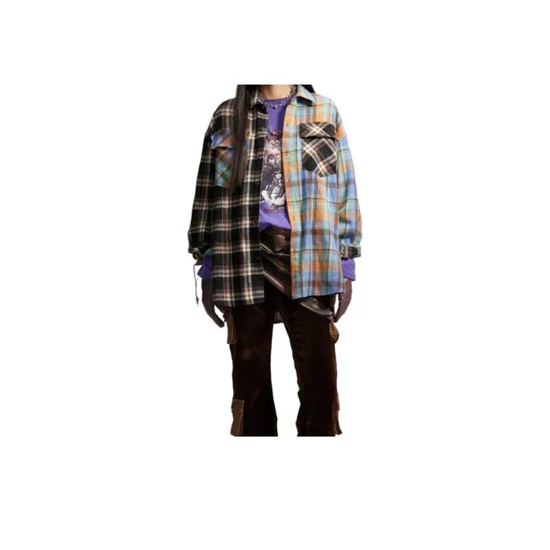 Retro Tide Double Color Plaid Stitching Long Sleeve Shirt-2