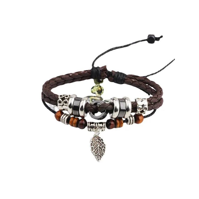Vintage Black Gallstone Leaves Beaded Jewelry PU Leather Bracelet Cubac
