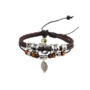 Vintage Black Gallstone Leaves Beaded Jewelry PU Leather Bracelet Cubac