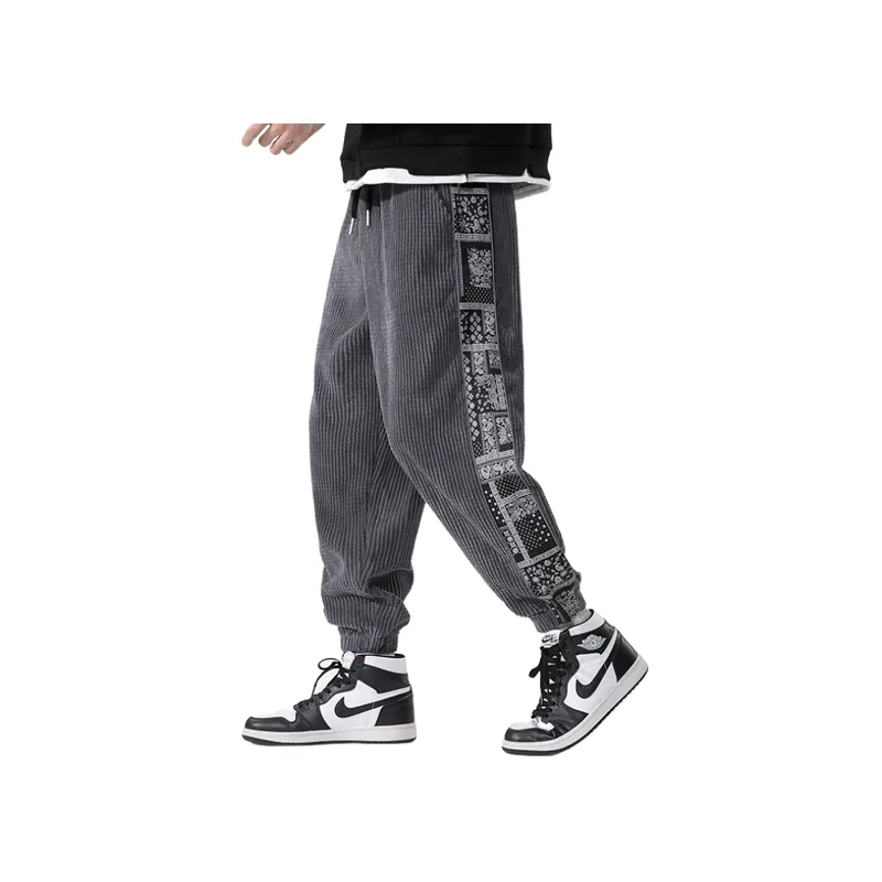 New Style National Fashion Corduroy Casual Cashew Flower Stitching Sports Pants swag OOTD-6