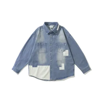 Contrasting Color Patchwork Turn down Collar Denim Shirt