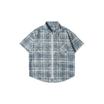 Tie Dyed Blue Plaid Short Sleeved Shirt
