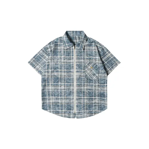 Tie Dyed Blue Plaid Short Sleeved Shirt