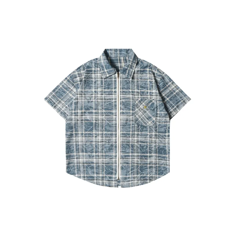 Tie Dyed Blue Plaid Short Sleeved Shirt-0